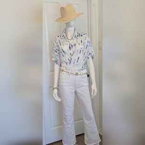 GAP 100% Linen Blue White Tie Dye Button Up Shirt Large Petite Resort Ready